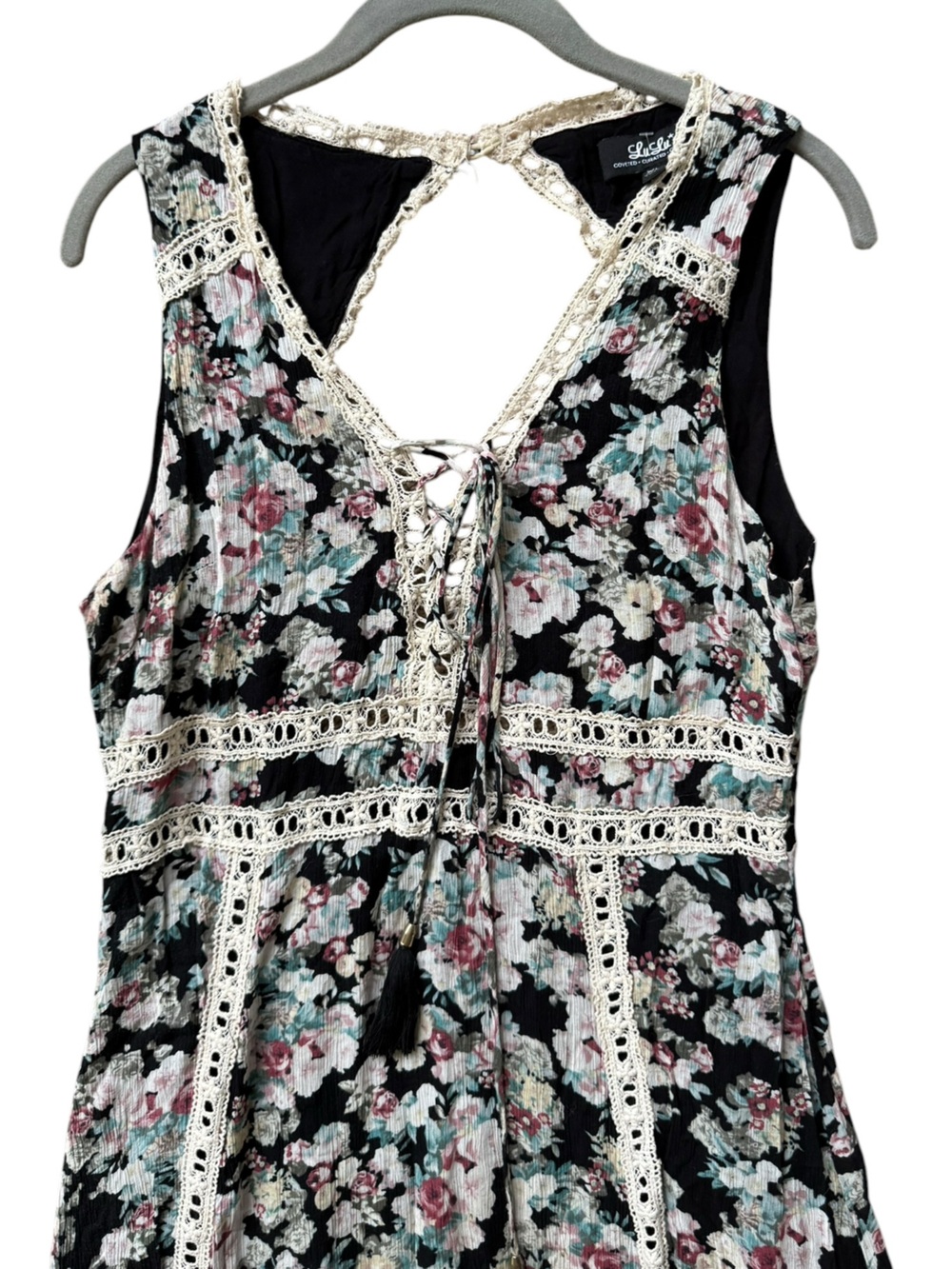 Lulu's Black Floral Print Maxi Dress Size XL Crochet Lace-Trim Boho Party Event - Picture 7 of 17